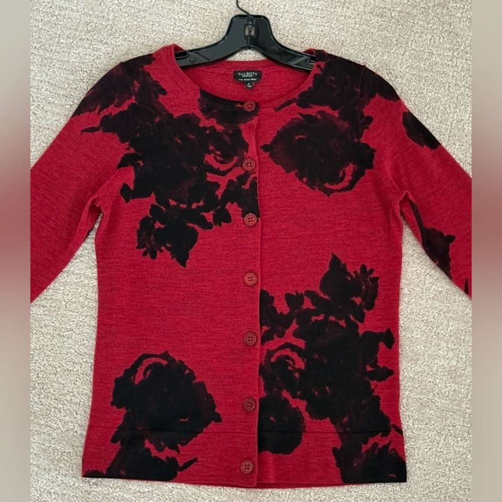 NWOT Talbots Red/Black Merino Wool Cardigan Sweater